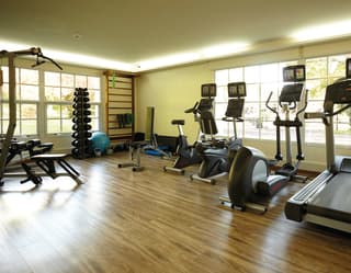 A light and spacious hotel fitness room including free weights, high-tech aerobic machines and lifting bench