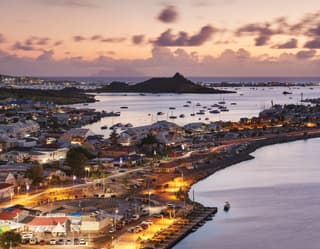 Aerial view of Sandy Ground ferry port at sundown