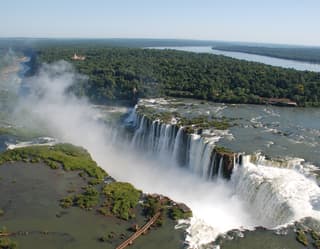 Aerial view of the Iguassu Falls crashing into a fissure in the earth