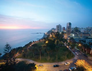 Aerial view of the Pacific Ocean and the Miraflores District, Lima, Peru