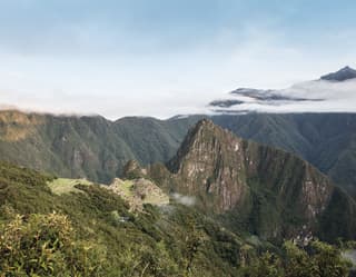 Aerial view of Machu Picchu landscape and jungle coated mountains
