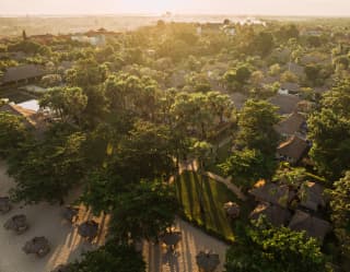 Growing between the buildings, tall palms throw long shadows over the gardens and beach, in an aerial shot of Jimbaran Puri.