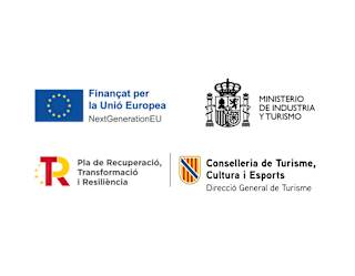 Logos of the European Union, Spanish Ministry of Industry and Tourism, Plan de Recuperación, Transformación y Resiliencia, and Conselleria de Turisme, Cultura i Esports on a white background.