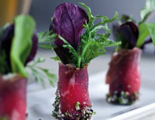 A tasting plate sings with locally sourced salad greens in bouquets, wrapped in thin slices of rich red beef jerky.