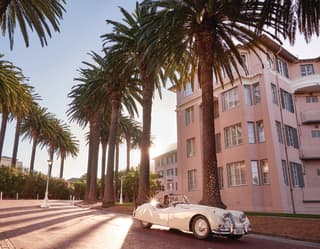 White classic car on a palm-lined boulevard next to a pink hotel building