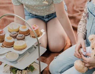 A girl with pigtails regards a cake stand of treats, watched by a friend holding a teddy bear, on a blanket in the gardens.