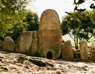 View of an Nuragic archaeological tomb site, with a ring of megalithic stones, seen from beneath trees in a forested area.