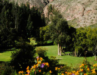Boulder hills and dense trees hem in the lush green gardens of the Rio Sagrado hotel, seen from behind a flowering shrub.