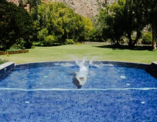 There's a splash as a guest dives into the blue-tiled pool in the hotel gardens, with a backdrop of rugged mountains.