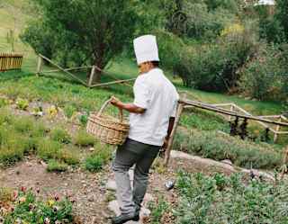 A chef wearing a white hat and jacket walks along a stone path in a lush garden, carrying a woven basket, surrounded by green plants and trees.