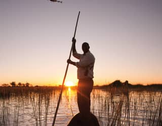 Uomo che attraversa le zone umide su una tradizionale canoa mokoro