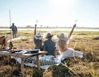 Three guests on a picnic blanket raising champagne glasses to the sunset