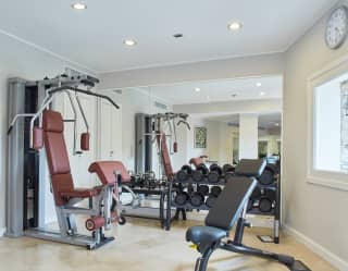 Light and airy indoor gym with a weight-rack and bench press equipment