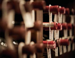 Exquisite cellar detail of bottles on a wine rack, some in focus with red foil tops and handwritten tags saying Barolo 2008.