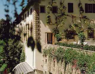 A beige rendered building with green vines climbing its walls sits on a hillside, surrounded by lush greenery and trees under a clear blue sky. Some branches and leaves are blurred in the foreground.