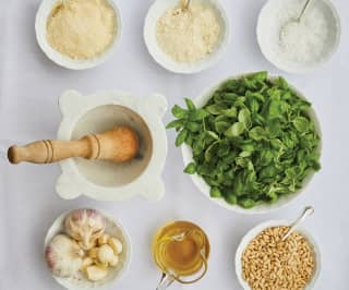 ingredients of Genovese sauce on a table  