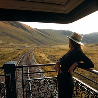 A woman with long hair and a hat leans back on the Observation Car deck rails, gazing at the Andean grasslands and hills.