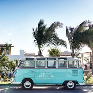 Light-blue VW camper van against sunny blue-skies and palm trees