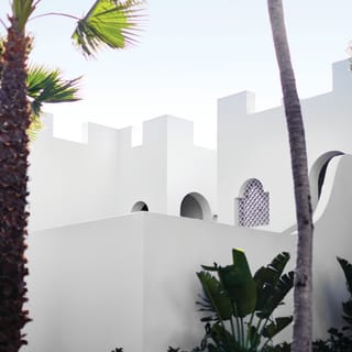 A bright white sun peers through a palm frond to illuminate the topline castellations of the white Moorish architecture