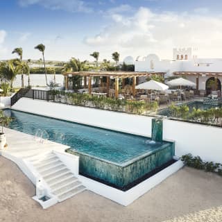 Teak sun beds with white cushions and parasols stand next to a green-tiled infinity pool with tall palms beyond