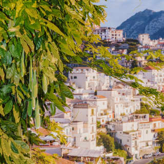 Whitewashed houses with red-tiled roofs climb the steep slopes. Their arched windows and balconies offer valley views