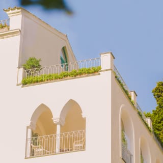 Neatly tended terracotta planters trace the edge of a railing edged balcony, adding fresh green to white walls and blue sky