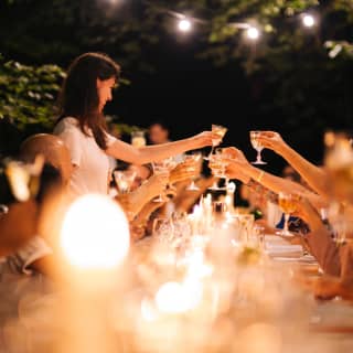Lady raising a glass in a toast to a group of friends