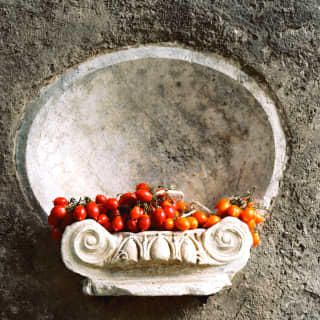 A mound of fresh red and orange tomatoes nestles in a stone wall alcove with decorative scrolling, in a garden detail.