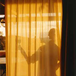 The other side of a gold-yellow translucent curtain, illuminated from behind, a man, seen as a shadow, raises a wineglass.