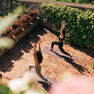 On mats in a sunny brick courtyard, two women in grey and black yoga wear, hold the warrior pose, seen from above.