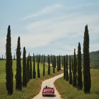 Red vintage soft-top car driving along a winding driveway lined by cypress trees