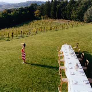 On the lawn, a woman in a red and white towel gazes at the view as she stands near a long celebration table, seen from above.