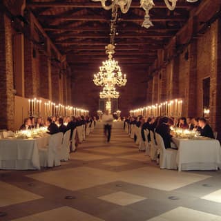 Interior of a brick granary with a grand chandelier and banquet tables lining the sides