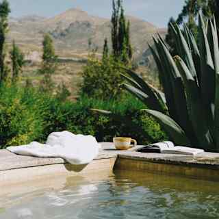 A hot spring bath with a white towel, a cup, and an open book on the edge, surrounded by greenery and tall plants, with mountains visible in the background under a clear sky.
