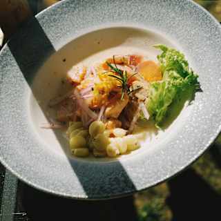 Looking down on a vibrant dish of traditional ceviche with salad, red onion, and rosemary sprig garnish, served at Curiña .