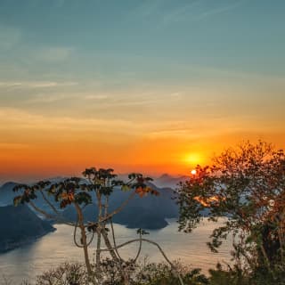 View of sunset from Rio's iconic Sugarloaf mountain, through lush foliage