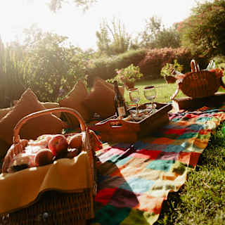 Tilted image of a bright blanket with cushions, a hamper of fruit and tray of drinks, seen at a sun-drenched lawn picnic.