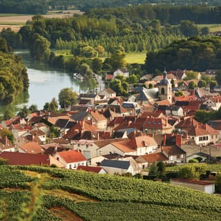 Aerial view of a rural French village with terracotta roof tiles alongside a scenic river