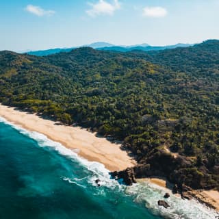 Birds-eye view over the dramatic Riviera Nayarit coast, where forest tumbles onto a gold beach with tourmaline-blue sea.