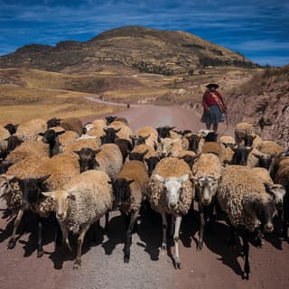 A flock of sheep with light brown wool approaches on a red dirt road through the plains, herded by a local shepherd in a hat.