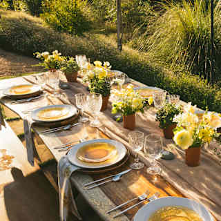 Gold glass dishes sit on white plates at a sun-dappled table laid for eight guests, with glasses and pots of yellow flowers.