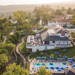 Aerial view of a hilltop luxury hotel in Santa Barbara
