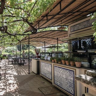 A row of fresh herbs in terracotta pots lines a counter of large outdoor kitchen with a bamboo awning that extends over a terrace
