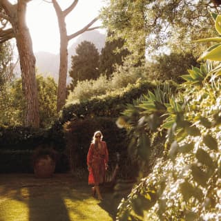 A blonde woman in a red dress strolls on the lawn of a lush garden with stone pines, olive trees, cypresses and huge succulents