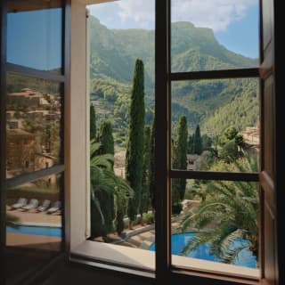 A window's view is like a landscape painting with green mountains touching the sky while palm fronds frame the foreground