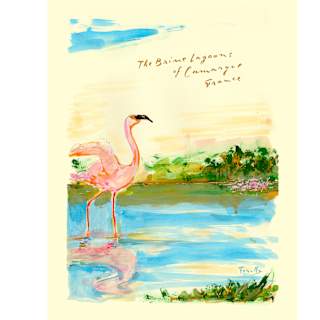 A watercolour painting of a pink flamingo standing in shallow water, with grass and flowers in the background. Handwritten text above reads, The Baine lagoons of Camargue, France.