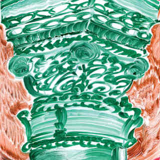 An illustration of a supporting column with scrolls and engravings, in green brushwork and loose lines by Manon Cezaro.
