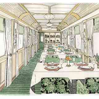 A sketch shows a green-themed Britannic Explorer dining car with four tables with botanic-print chairs along the right side.