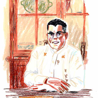 Crayon sketch by Damien Cuypers of Octavio Tovar, chief concierge of Casa de Sierra Nevada, sitting behind his desk.