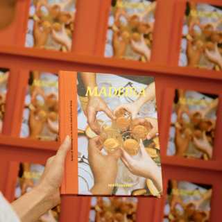 A hand holds a book titled MADONNA, featuring people clinking glasses. The background shows multiple copies of the same book stacked neatly.